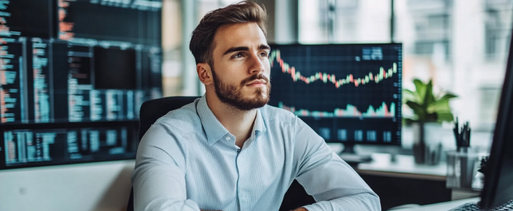 A man at a desk, analyzing stock market graphs on a computer screen, engaged in financial research.