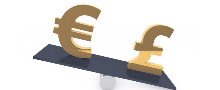 A scale balancing a euro sign against a pound sign, illustrating the comparison of European and British currencies.