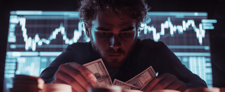 A bearded man wearing glasses observes piles of coins, reflecting a focus on monetary matters or savings.