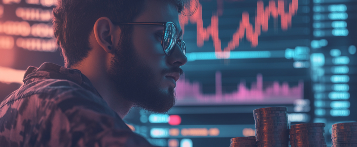 A bearded man wearing glasses observes piles of coins, reflecting a focus on monetary matters or savings.