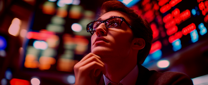 A man with glasses studies stock market information on a monitor, demonstrating his interest in market dynamics and investments.