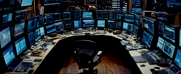 A modern workspace featuring multiple monitors and computers arranged neatly in a well-lit room.