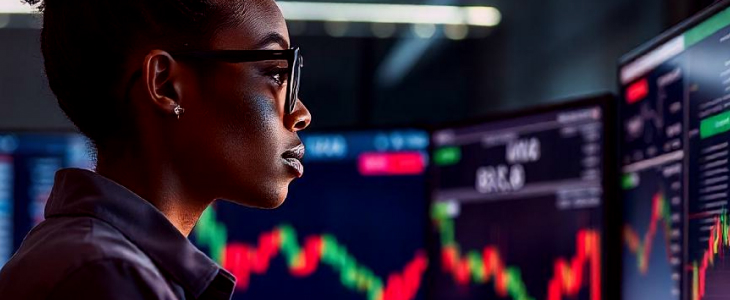 A focused woman in glasses analyzes stock market screens filled with charts and numbers, reflecting her investment strategy.